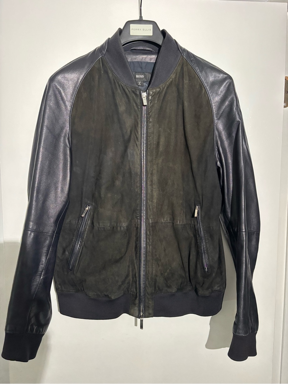 BOSS Black Leather & Dark Olive Suede Bomber Jacket